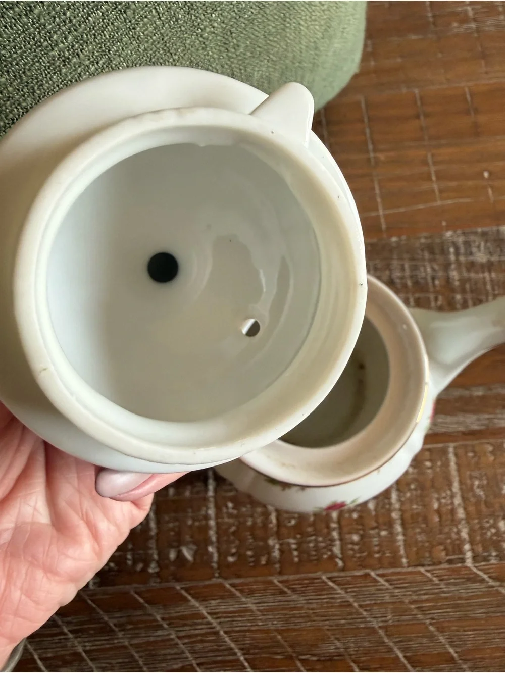 White Porcelain Teapot with Pink Rose Pattern and Gold Accents
